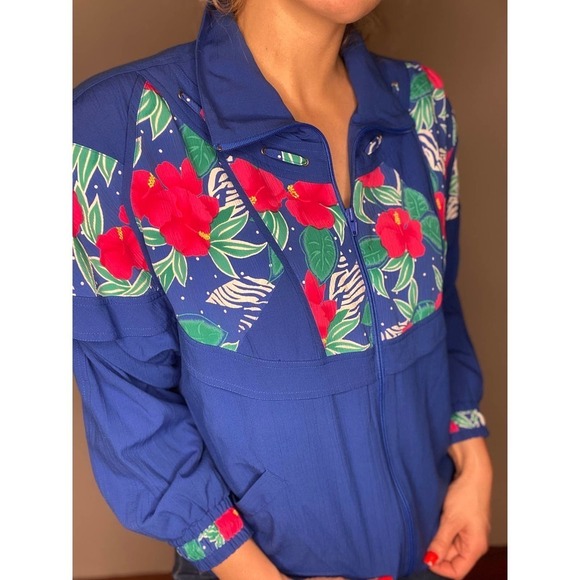 VINTAGE Blue Barbie Bomber Jacket Hibiscus Hawaiian Small - Picture 2 of 7